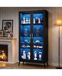 homfan Set of 2 Glass Display Cabinet with Led Lights - 4-Tier Curio Cabinet with Glass Doors, Smart Sensor and Usb Charging