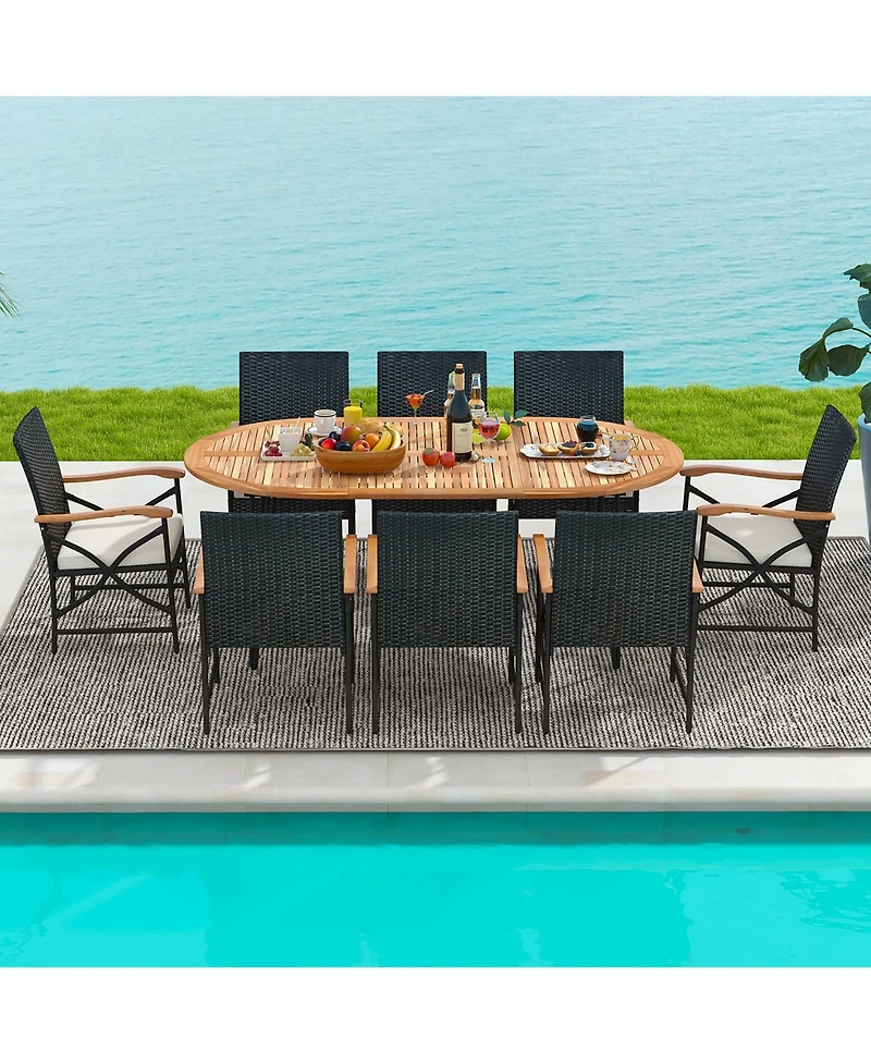 Gymax 9 Pcs Rattan Dining Set Acacia Wood Table and 8 Patio Wicker Armchairs Patio
