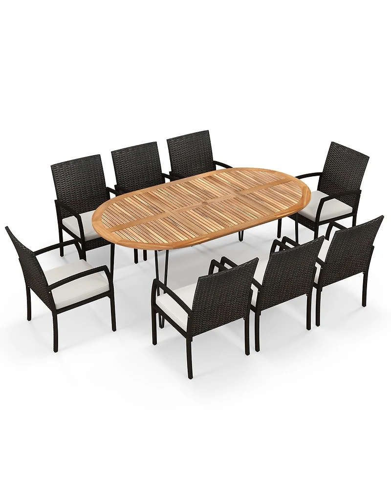 Gymax 9 Pcs Patio Rattan Dining Set Acacia Wood Table and 8 Patio Wicker Armchairs