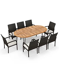 Gymax 9 Pcs Patio Rattan Dining Set Acacia Wood Table and 8 Patio Wicker Armchairs