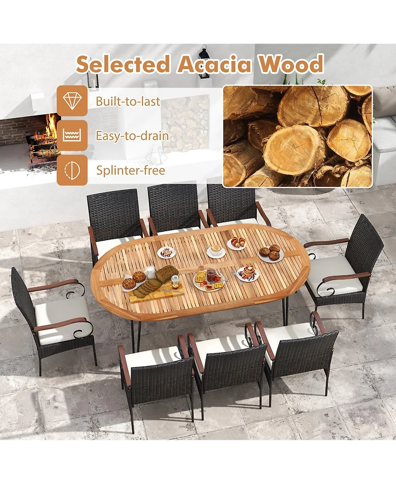 Gymax 9 Pcs Acacia Wood Table and 8 Patio Wicker Armchairs Patio Rattan Dining Set