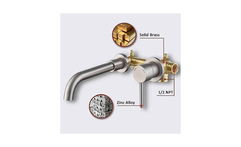 Phying Wall Mount Faucet for Bathroom Sink or Bathtub, Single Handle 2 Holes Brass Rough-in Valve Included, Brushed Nickel