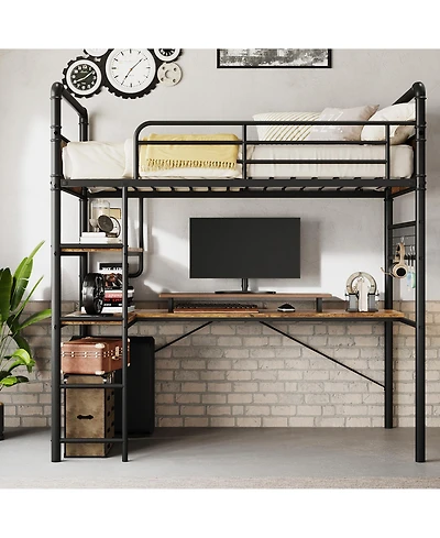 homfan Heavy Duty Twin Metal Loft Bed with L-Shaped Desk, 2 Storage Shelves and Decorative Mesh