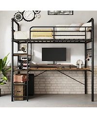 homfan Heavy Duty Twin Metal Loft Bed with L-Shaped Desk, 2 Storage Shelves and Decorative Mesh