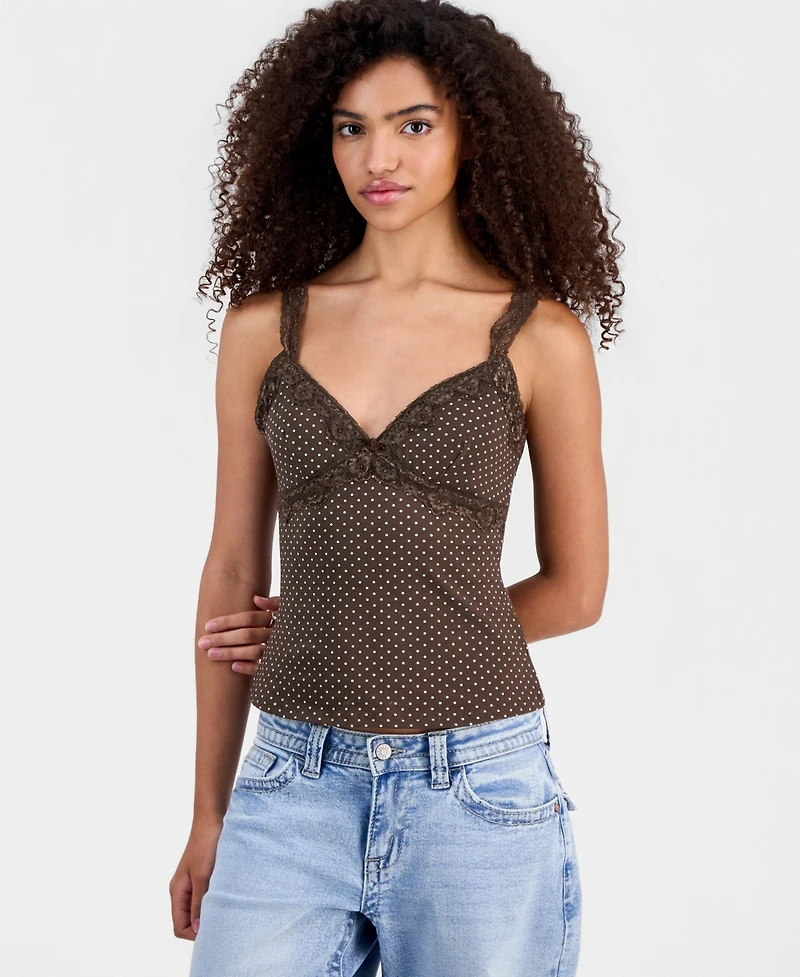 Madden Girl Juniors' Printed Lace-Trim Sleeveless Top