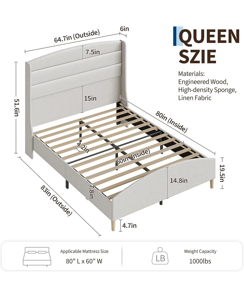 gaomon Modern Queen Size Upholstered Platform Bed Frame with Tall Wingback Headboard