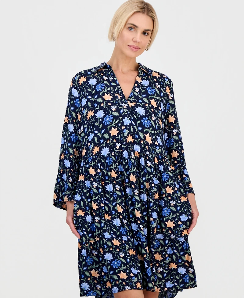 Style & Co Petite Printed 3/4-Sleeve Tiered Shift Dress, Macy's Exclusive