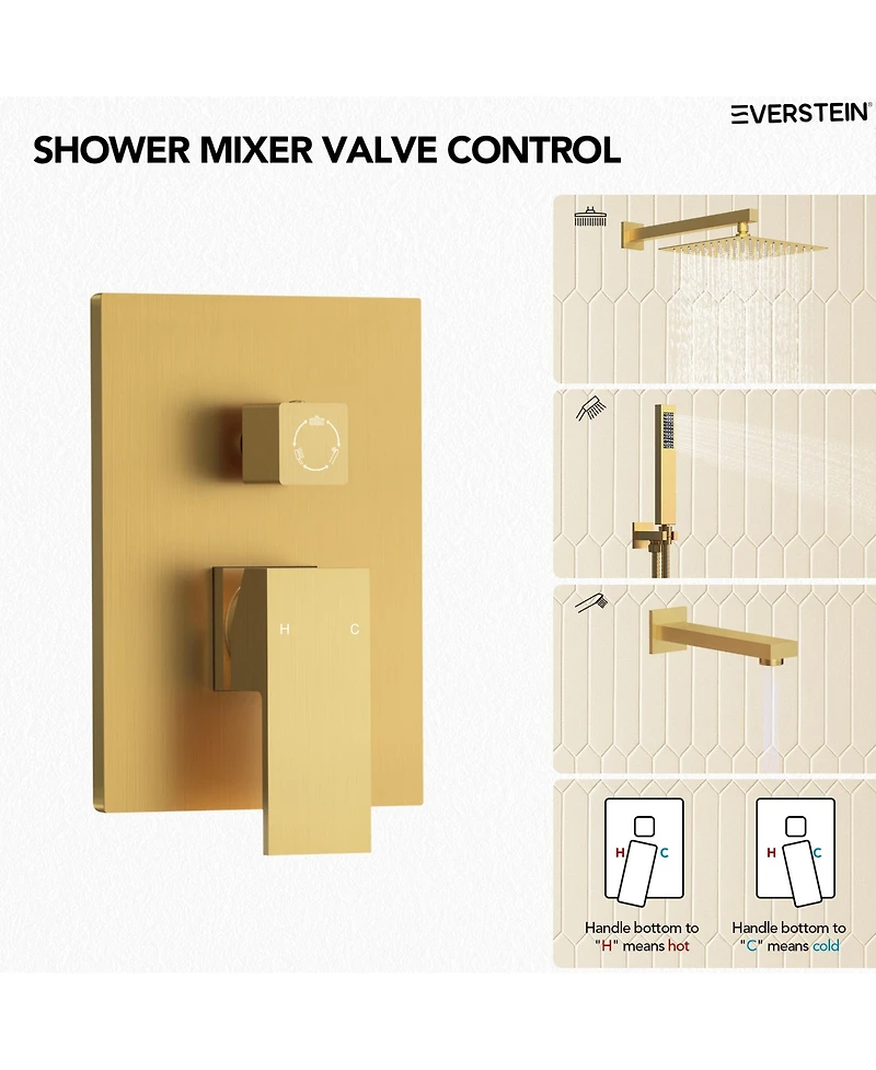 Everstrein Wall Mounted 10" Shower System Bathtub Set High Pressure Rain Shower Head