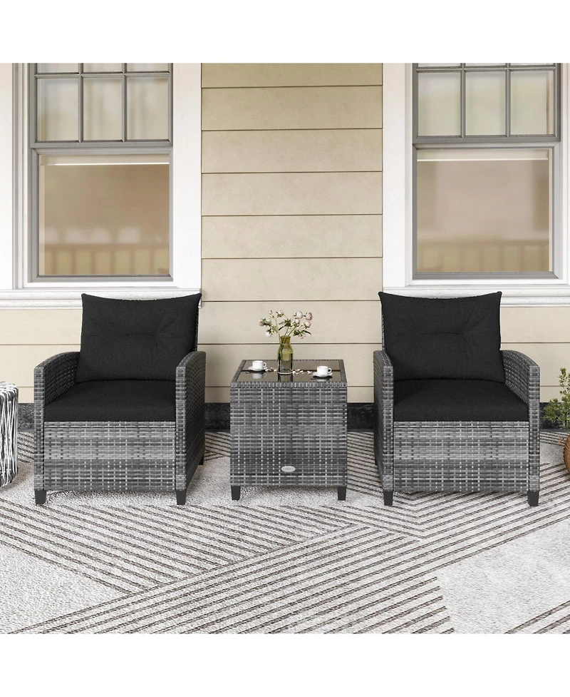 Gymax 3 Pcs Patio Furniture Set Outdoor Pe Rattan Chair and Table Set w/ Tempered Glass