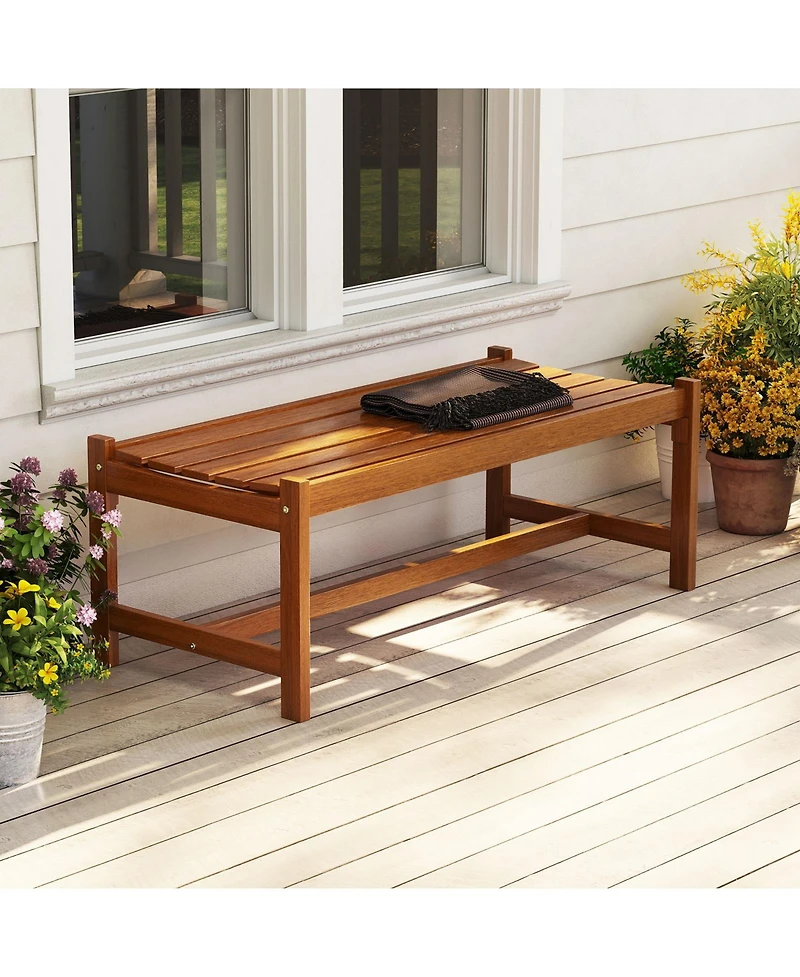 Gymax 44'' Patio Wood Bench Set of 2 w/Teak Oil Finish and Curved Seat for Porch Garden