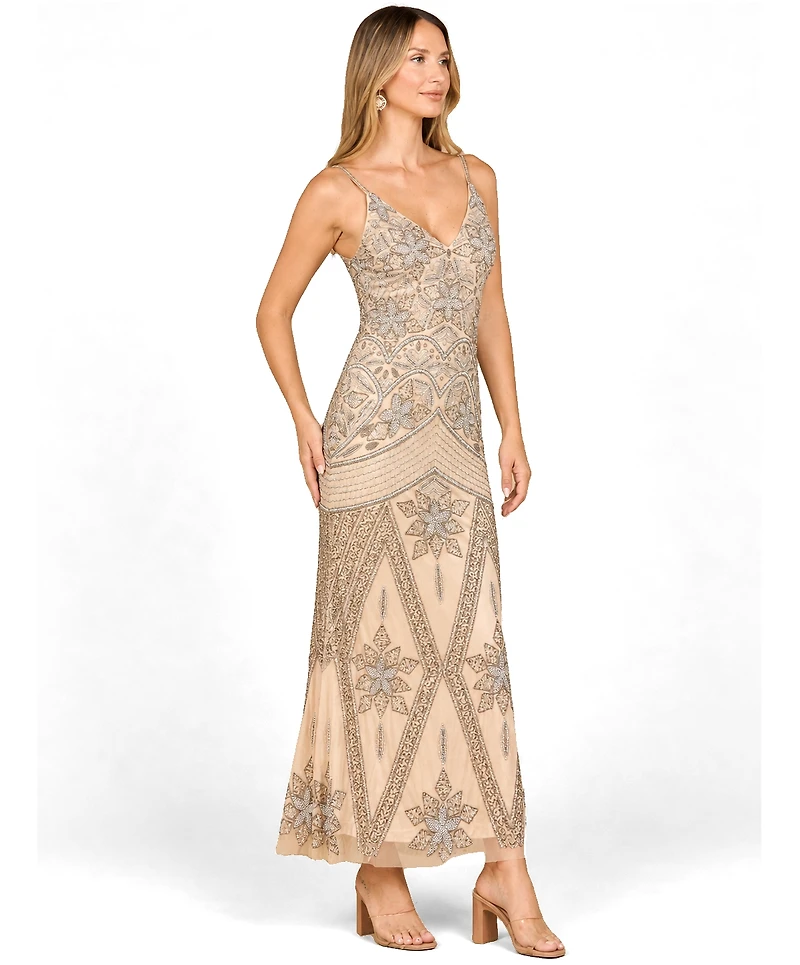 Lara Women's Contrast Beaded V-Neck Fitted Gown