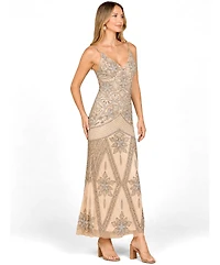 Lara Women's Contrast Beaded V-Neck Fitted Gown