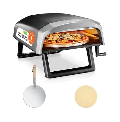 NutriChef Portable Pizza Oven with Rotating Pizza Stone, Rain Cover, Regulator, and Hose - Suitable for Outdoor and Indoor Use