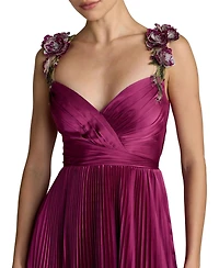 Mac Duggal Women's Pleated High-Low Gown with Floral Straps