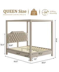 homfan Canopy Bed Frame with Nailhead Decoration Headboard,Upholstered Bed Frame with Poles 4 Corner Bed Bracket, Wood Slats Support