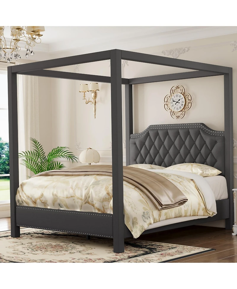 homfan Canopy Bed Frame with Nailhead Decoration Headboard,Upholstered Bed Frame with Poles 4 Corner Bed Bracket, Wood Slats Support