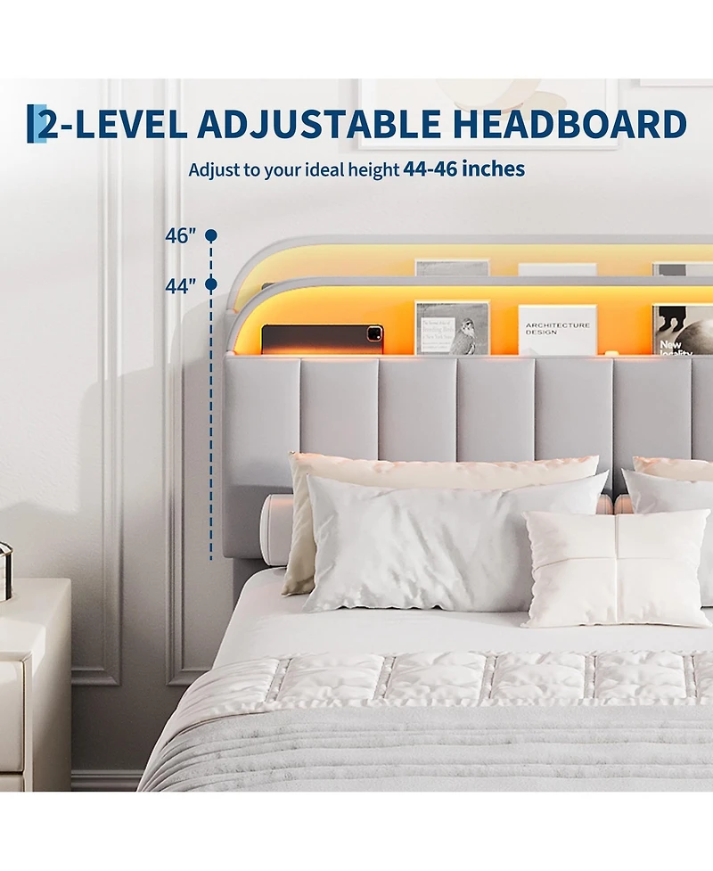 gaomon Bed Frame with Storage Headboard, Kids 2 Drawers, Velvet Upholstered Platform Lights, No Box Spring Needed
