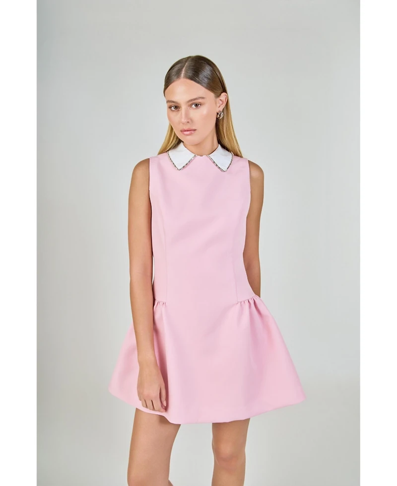 endless rose Women's Rhinestone Piping Collared Mini Pu Dress