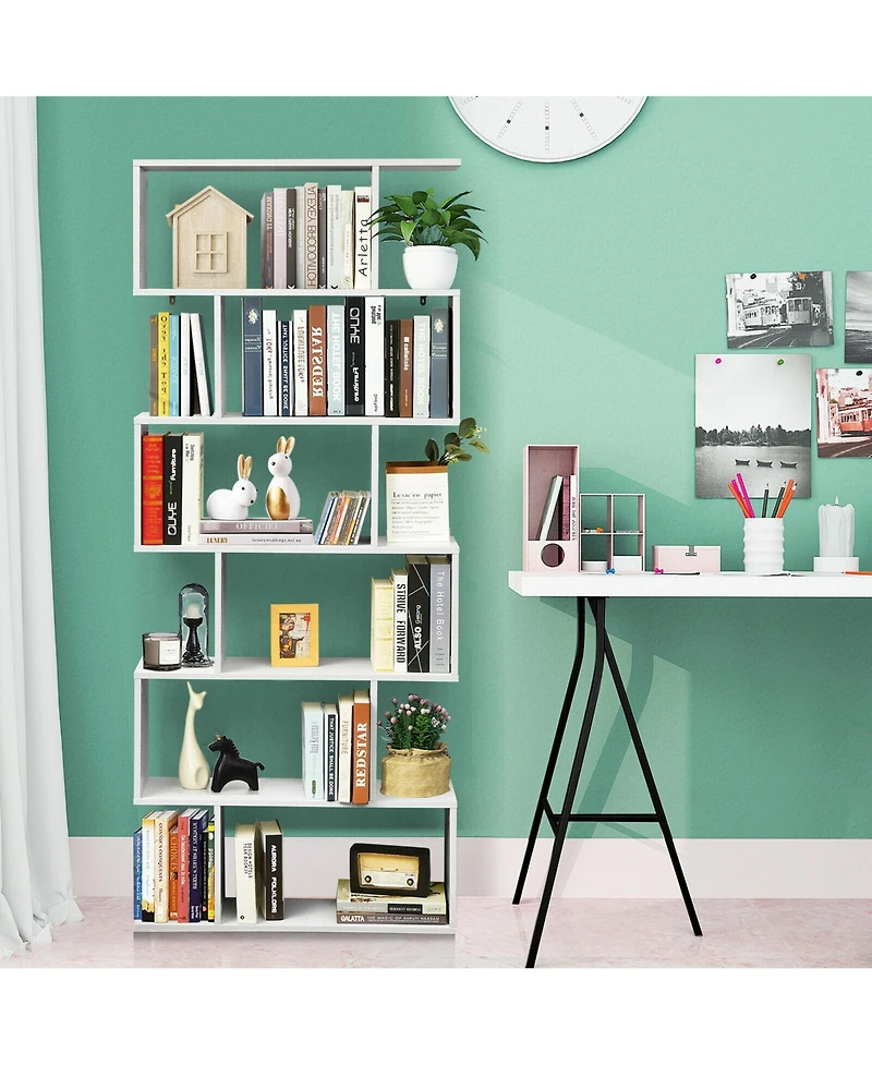 Gymax 6 Tier S-Shaped Bookshelf Storage Display Bookcase Decor Z-Shelf Coffee