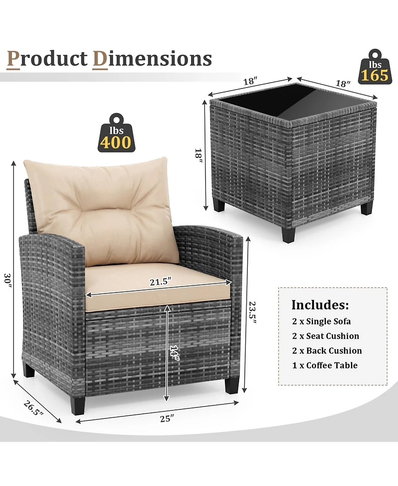 Gymax 3 Pcs Patio Furniture Set Outdoor Pe Rattan Chair and Table Set w/ Tempered Glass