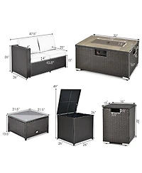 Gymax 6PCS Outdoor Wicker Furniture Set w/32'' Propane Fire Pit Table and Tank Holder