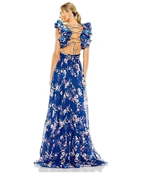 Mac Duggal Women's High Neck Blouson Sleeve Sequin Gown