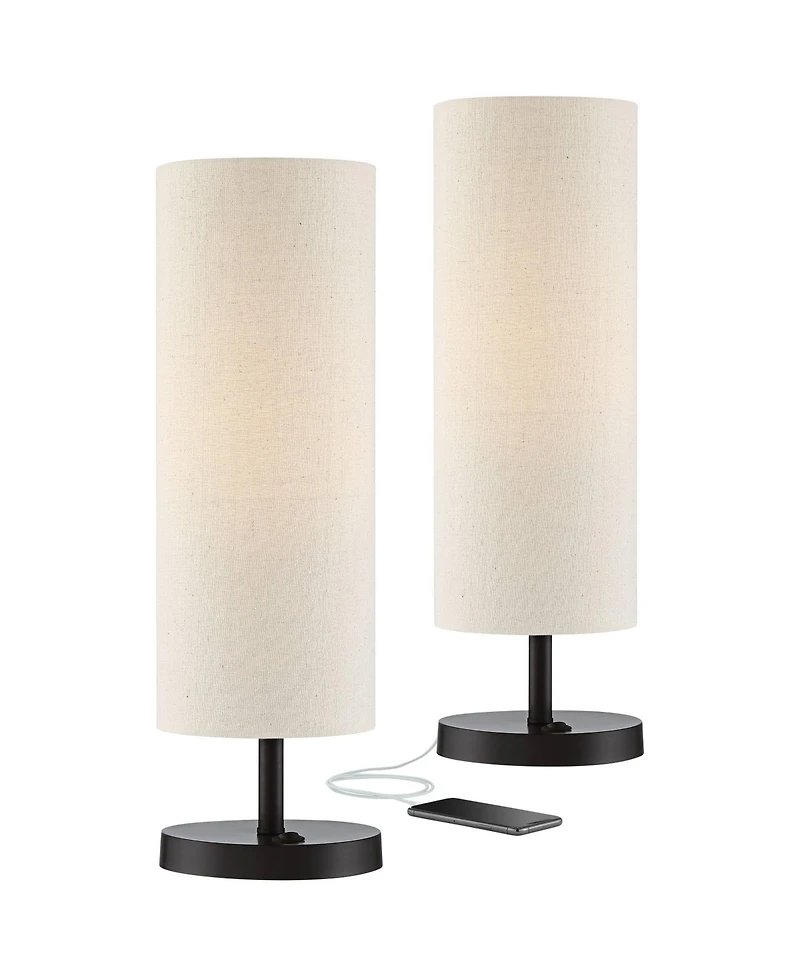 360 Lighting Heyburn Modern Accent Table Lamps 20" High Set of 2 with Usb and Ac Power Outlet in Base Oatmeal Cylinder Shade for Bedroom Desk