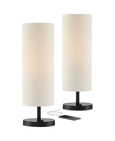 360 Lighting Heyburn Modern Accent Table Lamps 20" High Set of 2 with Usb and Ac Power Outlet in Base Oatmeal Cylinder Shade for Bedroom Desk