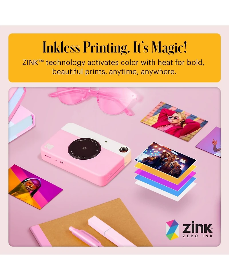 Kodak Printomatic Instant Print Camera Bundle with Pink Soft Case and 20-Pack Zink Photo Paper