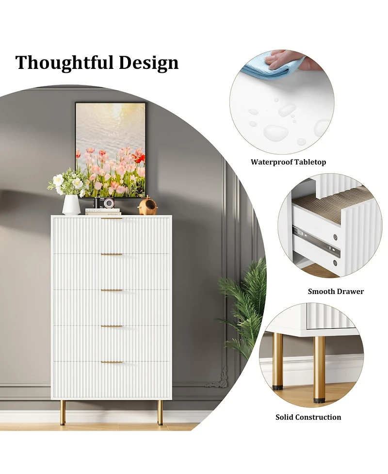 homfan Fluted Wood Dresser - 5 Drawer or 6 Drawer Tall Chest with Metal Handles