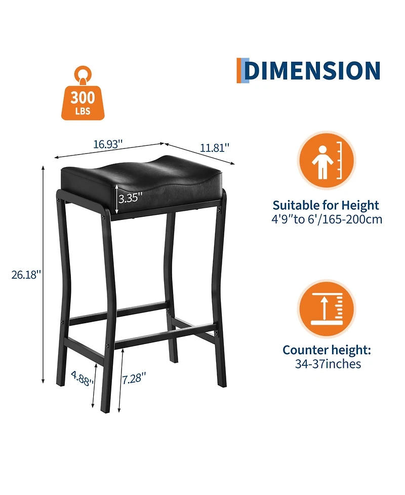 gaomon Modern Counter Height Bar Stools Set of 4 – 26'' Saddle Seat – Thick Padded Faux Leather – Sturdy Metal Frame and Footrest