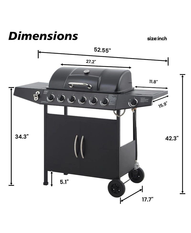 Asagikoiai Outdoor 6 Burner Stainless Steel Barbecue Grill with Warming Rack, Side Burner and Wheels