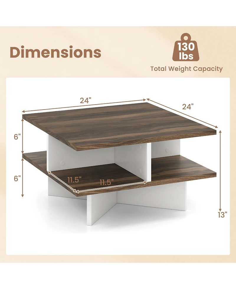 Gymax 2-Tier Square Coffee Table with Storage Farmhouse Modern Accent Table Center Table