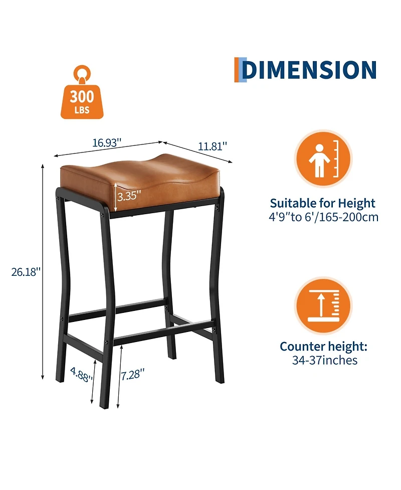 gaomon Counter Height Bar Stools Set of 1, Barstools with Thick Padded Seat, Metal Frame and Footrest, Faux Leather Saddle Stools for Kitchen