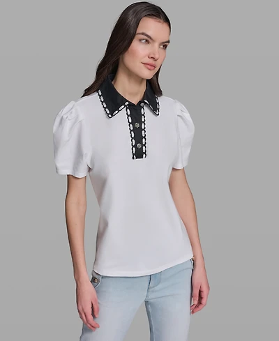 Karl Lagerfeld Paris Women's Collared Short-Sleeve Top