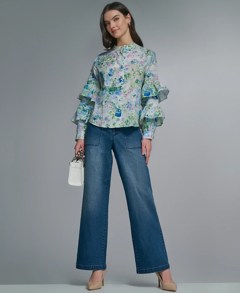 Karl Lagerfeld Paris Women's Long-Sleeve Collared Printed Shirt