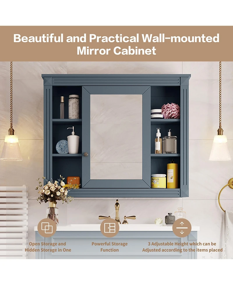 Phying Modern Wall Mounted Bathroom Storage Cabinet Mirror Medicine Cabinet with Mirror Door and 6 Open Shelves Space Saving Bathroom Wall Organizer