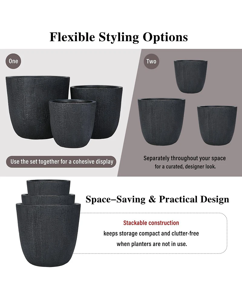 Asagikoiai3-Piece Mgo Outdoor Planter Set with Drainage, Crackle Stone Pots for Garden and Patio