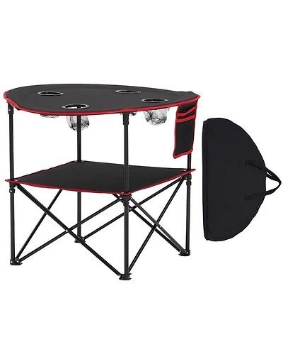 Yiortwo Folding Portable Camping Table Outdoor Picnic Round Table with 4 Cup Holders Storage Shelf and Side Pocket