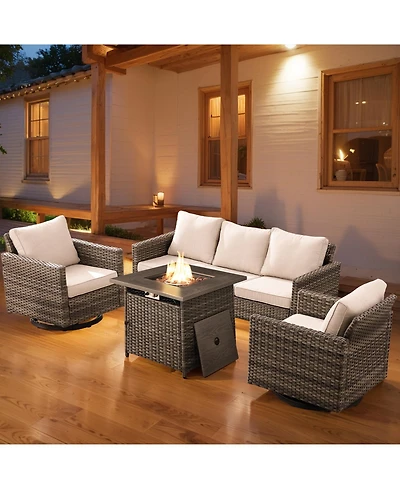 Pocassy Patio Furniture with Fire Pit 4-Piece Wicker Outdoor Sectional Couch Swivel Rocking Chairs, Propane Conversation Set