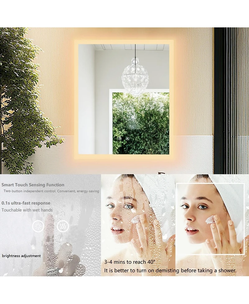 Luvodi 16" x 20" Rectangular Wall Mirror Anti-Fog Led Mirror Stepless Dimmable Lighted Bathroom Mirror