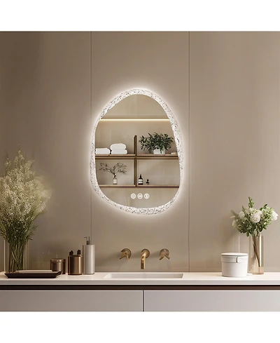Luvodi 36"x28" Irregular Stone Pattern Frosted Led Bathroom Vanity Mirror for Wall with Backlit Anti Fog, 3 Colors and Dimmable Light
