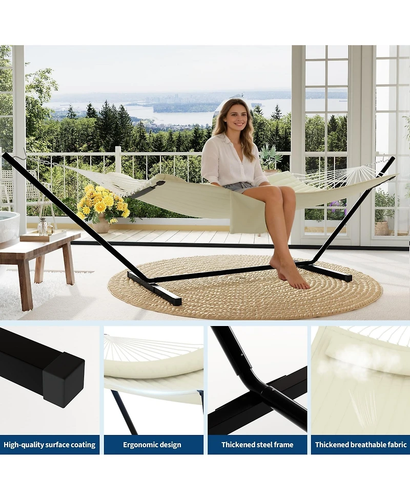 GarveeLife 2-person hammock with stand, pillow, and balance rope, supporting up to 450 lbs-ideal for relaxing outdoor patios or backyards.