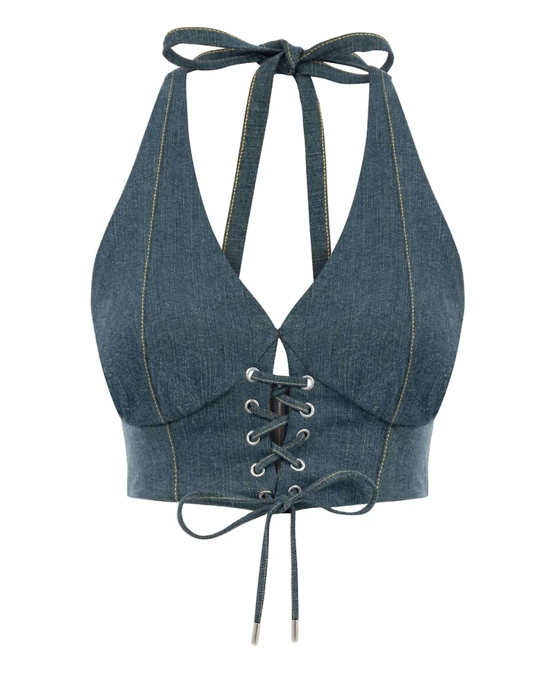 Jendue Women's Monte Denim Crop Top - Halter Neck and Lace-Up Detail