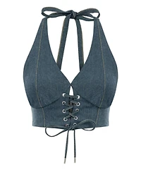Jendue Women's Monte Denim Crop Top - Halter Neck and Lace-Up Detail