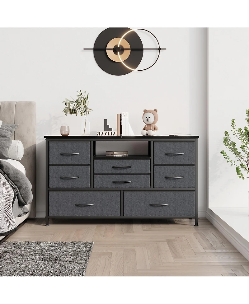 homfan Modern Tv Stand Dresser with Led Lighting and Built-in Charging Station - Durable Storage Chest Deep Drawers for Bedroom Living Room