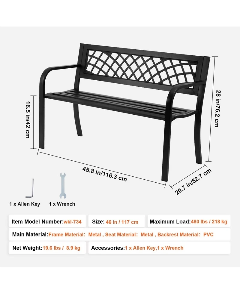 Yiortwo 46 Inch Outdoor Metal Garden Bench with Backrest and Armrests