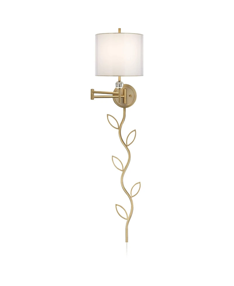 Possini Euro Design Kohle Modern Swing Arm Wall Lamp with Cord Cover Polished Brass Plug-in Light Fixture Inner Sheer Outer Shade for Bedroom