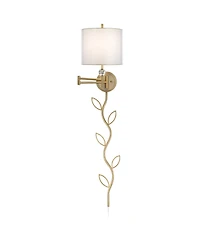 Possini Euro Design Kohle Modern Swing Arm Wall Lamp with Cord Cover Polished Brass Plug-in Light Fixture Inner Sheer Outer Shade for Bedroom