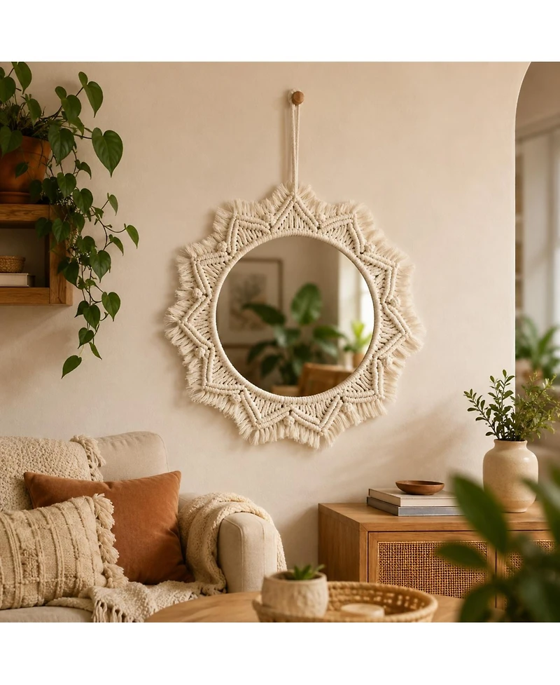 Phying Boho Macrame Round Mirror Handmade Woven Wall Hanging Ornament for Home Apartment Bedroom Living Room Decor